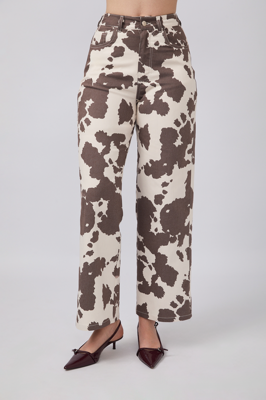 PANTALÓN SAVANNAH PALAZZO A LA CINTURA COW PRINT MARRÓN