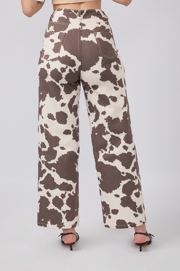PANTALÓN SAVANNAH PALAZZO A LA CINTURA COW PRINT MARRÓN