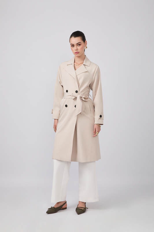 Gabardina Becca larga con abertura y bolsillos funcionales Beige