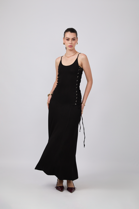VESTIDO GAIA AJUSTABLE CON DETALLE DE TIRAS LATERALES NEGRO