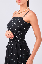 VESTIDO MIDI DE TIRANTES DE LINO CON LUNARES NEGRO - PETRA