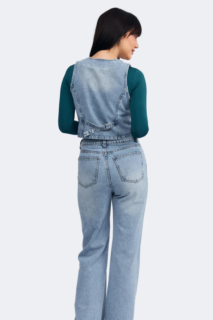 Palazzo Denim high-waisted pants with pockets, Celeste Day.