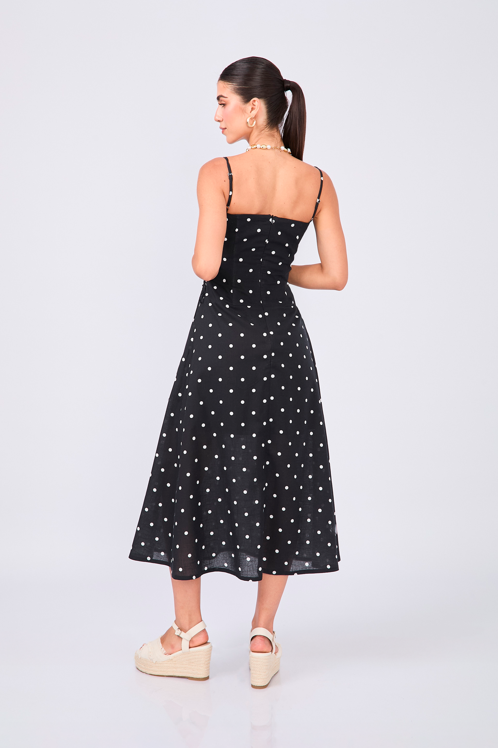 VESTIDO MIDI DE TIRANTES DE LINO CON LUNARES NEGRO - PETRA