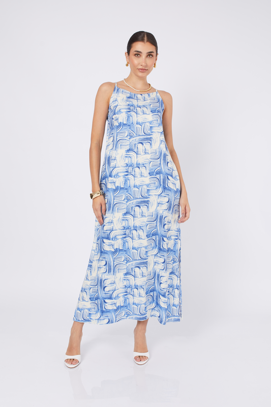 VESTIDO LARGO DE RAYON DEBORA PRINT AZUL