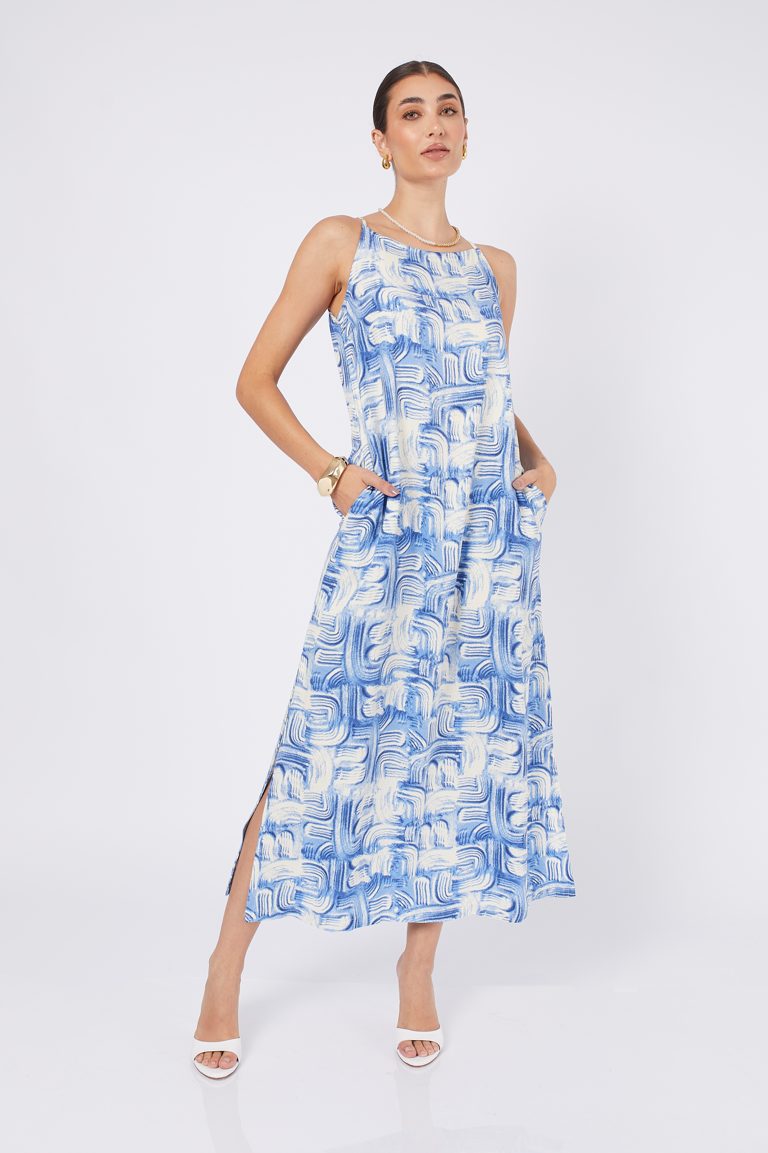 VESTIDO LARGO DE RAYON PRINT AZUL - DEBORA