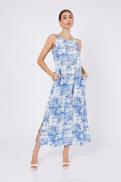 VESTIDO LARGO DE RAYON DEBORA PRINT AZUL
