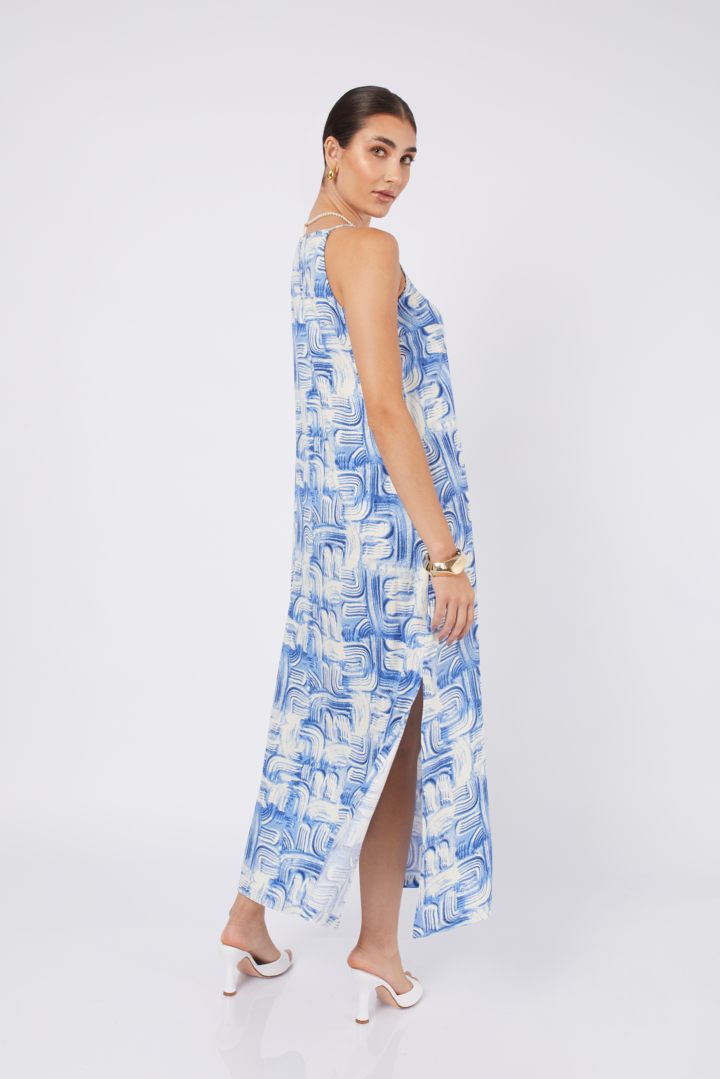 VESTIDO LARGO DE RAYON DEBORA PRINT AZUL