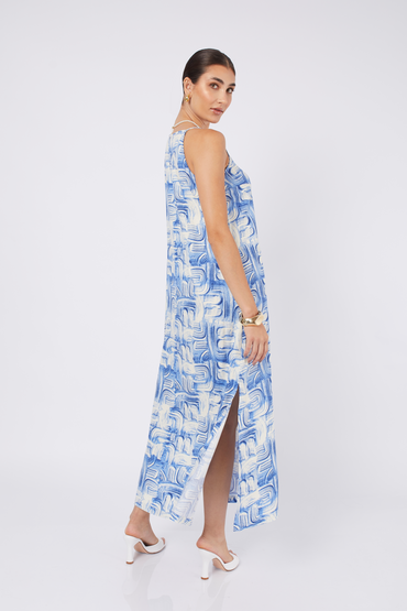 VESTIDO LARGO DE RAYON DEBORA PRINT AZUL