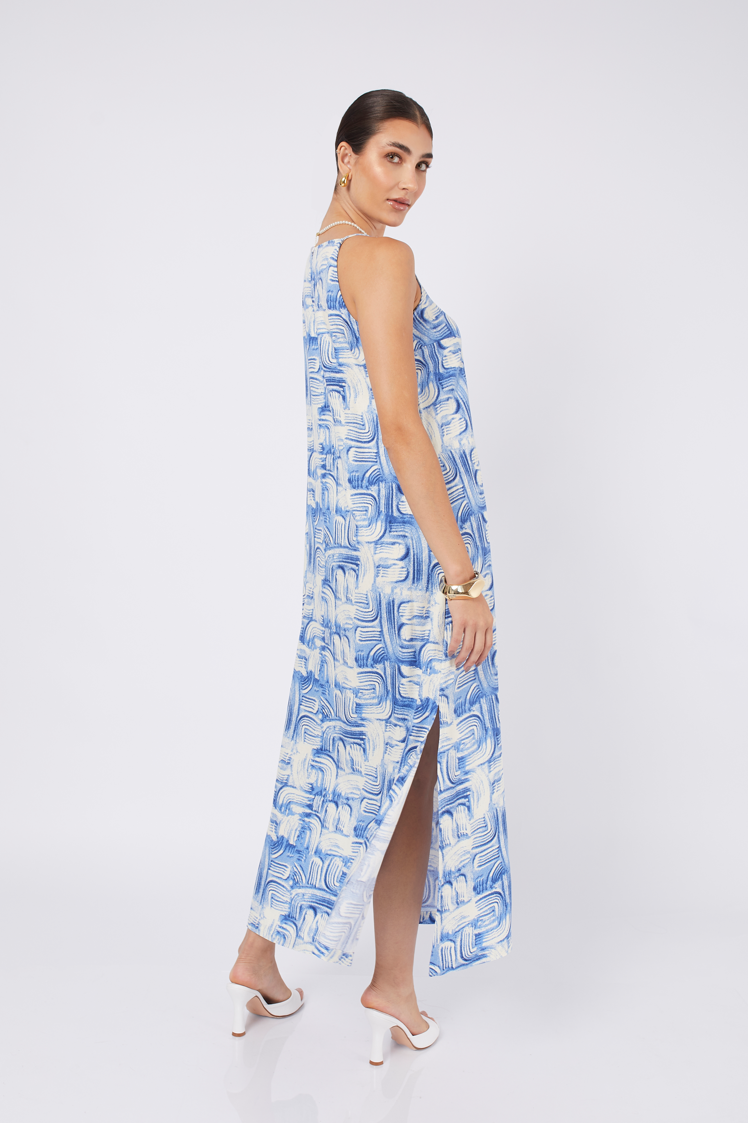 VESTIDO LARGO DE RAYON PRINT AZUL - DEBORA