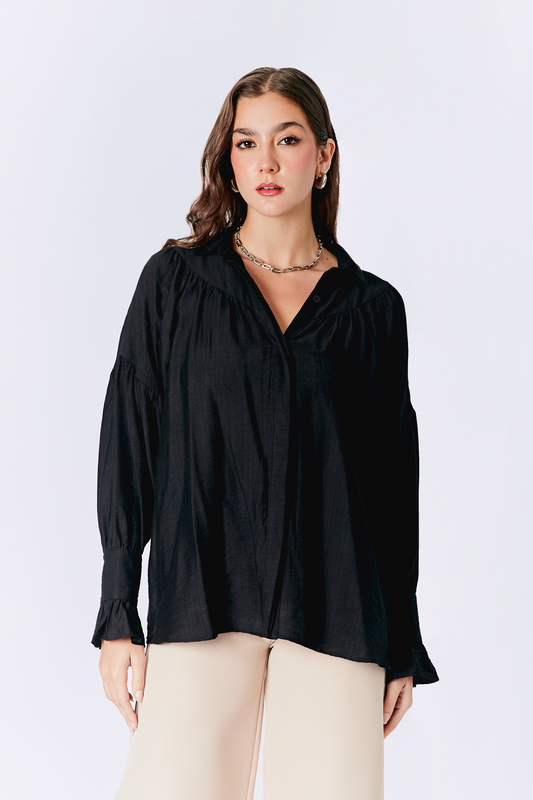 BLUSA JOSEFINA MANGA LARGA CON RECOGIDO NEGRO [PRE-VENTA]