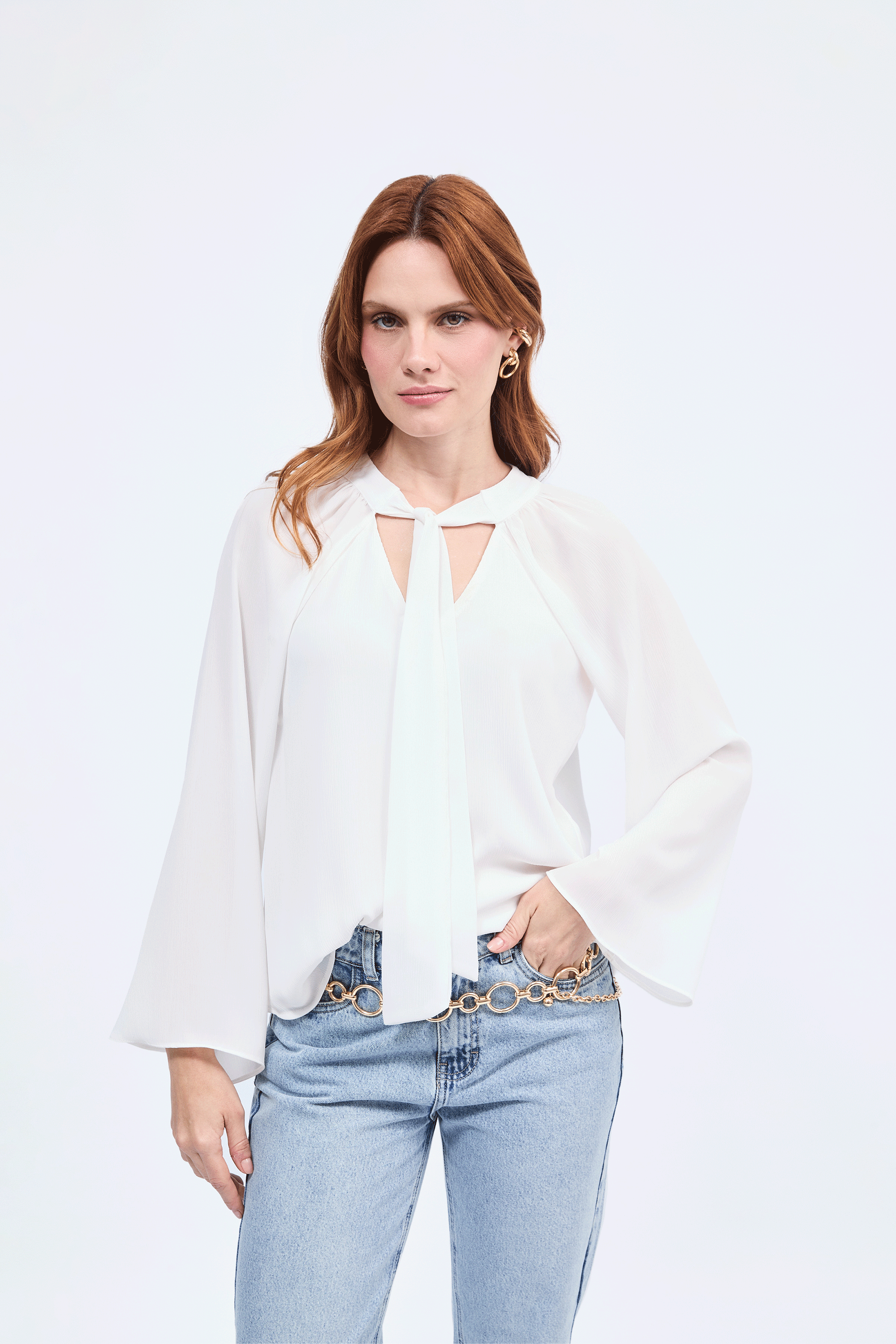 Blusa cuello V con lazo para amarrar perla - Alice