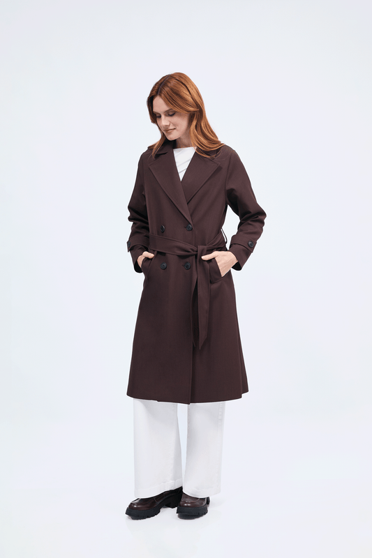 Gabardina Becca larga con abertura y bolsillos funcionales Marron