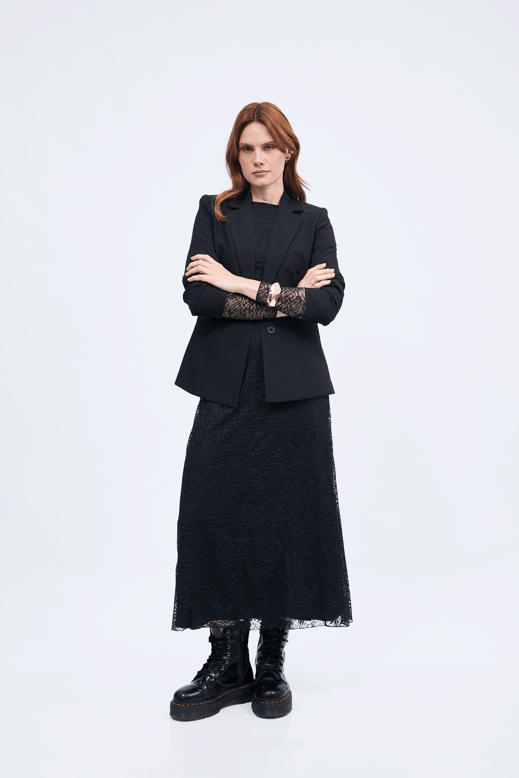 Vestido manga larga de encaje con forro negro - Aura